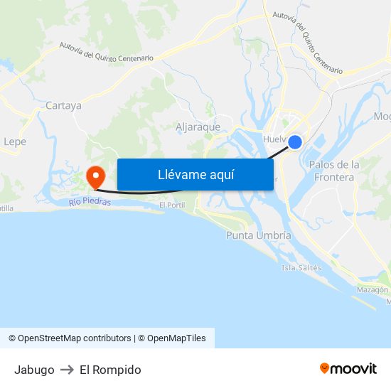 Jabugo to El Rompido map