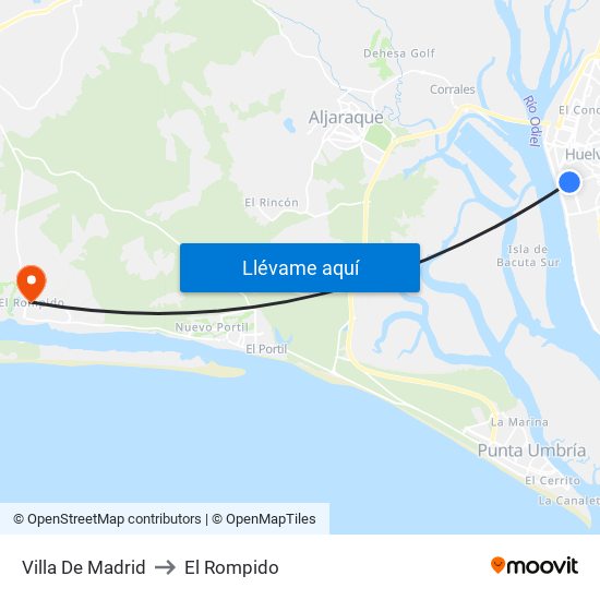 Villa De Madrid to El Rompido map