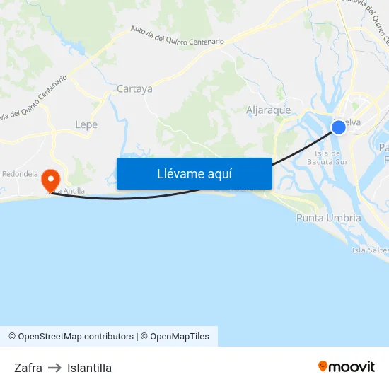 Zafra to Islantilla map