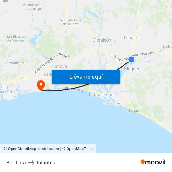 Bar Lara to Islantilla map