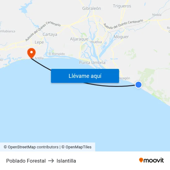 Poblado Forestal to Islantilla map