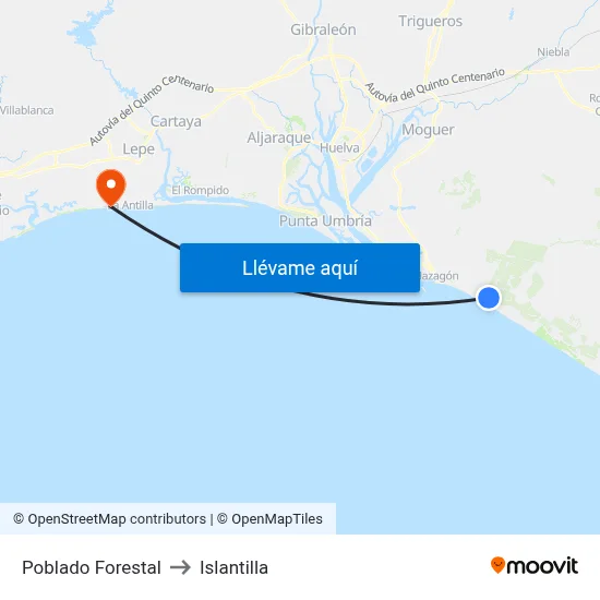 Poblado Forestal to Islantilla map