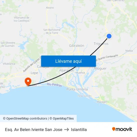 Esq. Av Belen Iviente  San Jose to Islantilla map