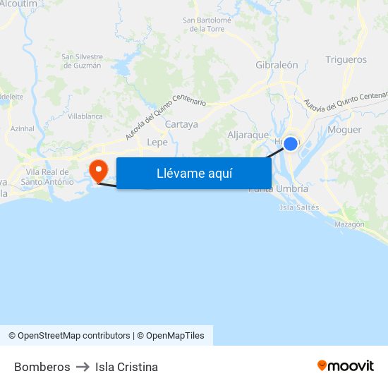 Bomberos to Isla Cristina map