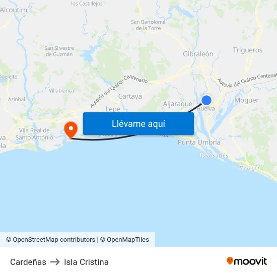 Cardeñas to Isla Cristina map