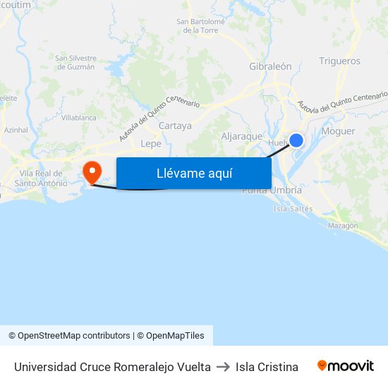 Universidad Cruce Romeralejo Vuelta to Isla Cristina map
