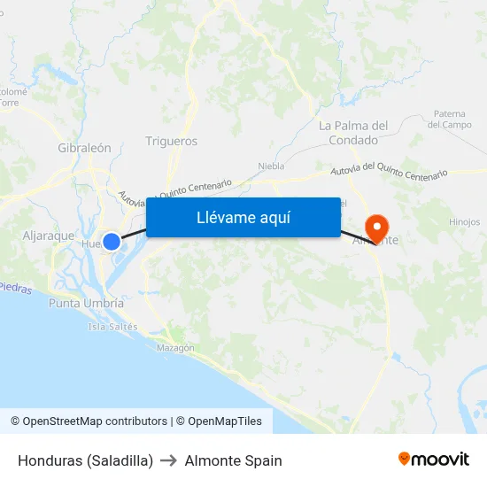 Honduras (Saladilla) to Almonte Spain map