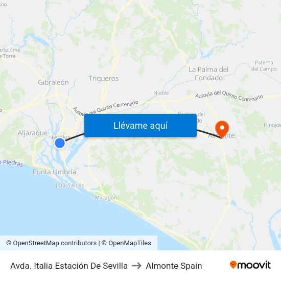 Avda. Italia Estación De Sevilla to Almonte Spain map