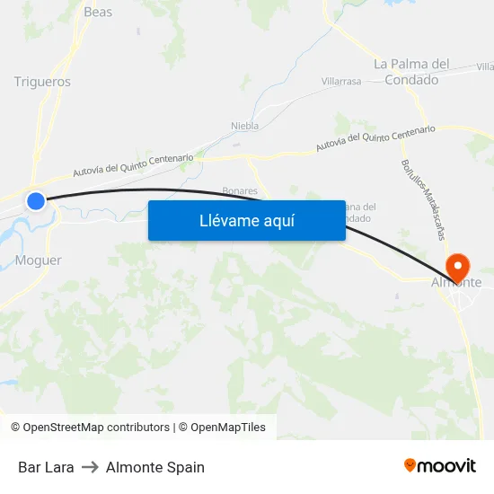 Bar Lara to Almonte Spain map