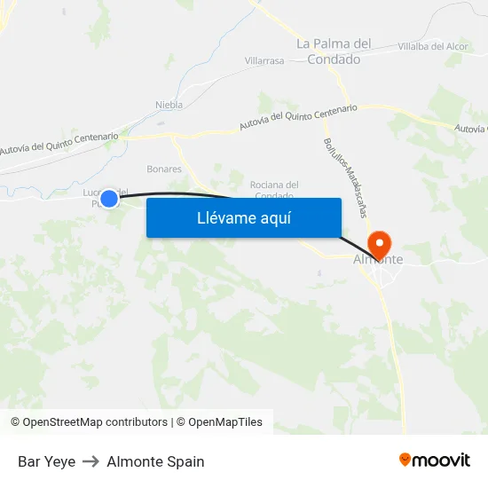 Bar Yeye to Almonte Spain map