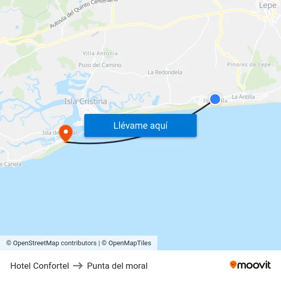 Hotel Confortel to Punta del moral map