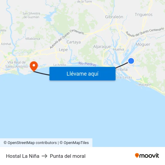 Hostal La Niña to Punta del moral map