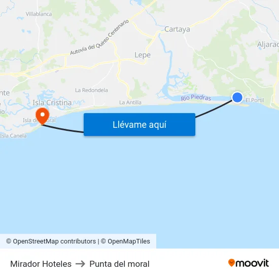 Mirador Hoteles to Punta del moral map