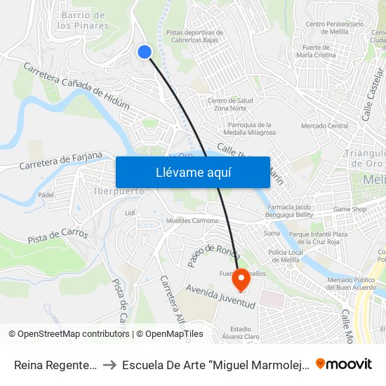 Reina Regente 2 to Escuela De Arte “Miguel Marmolejo” map