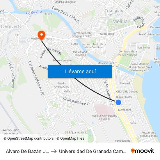 Álvaro De Bazán Urgencias to Universidad De Granada Campus De Melilla map