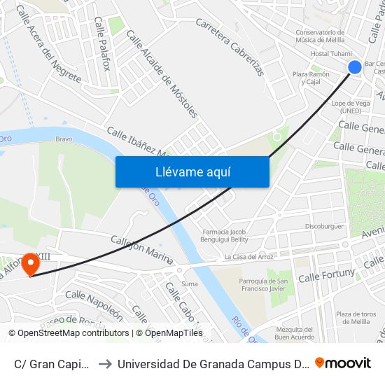 C/ Gran Capitán 1 to Universidad De Granada Campus De Melilla map