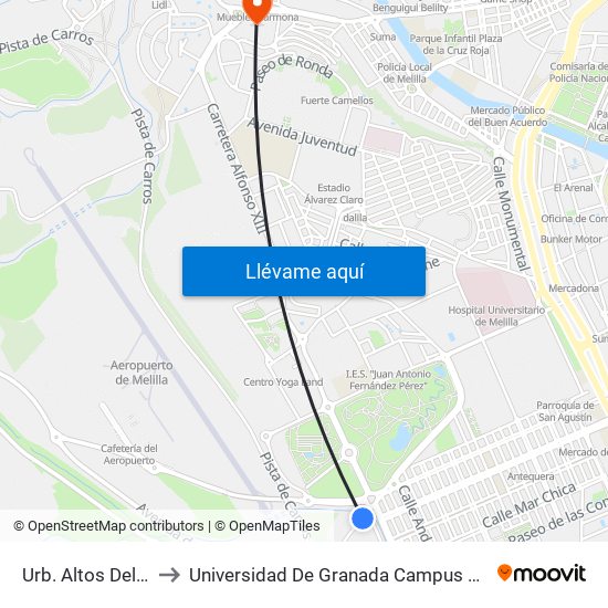 Urb. Altos Del Real to Universidad De Granada Campus De Melilla map