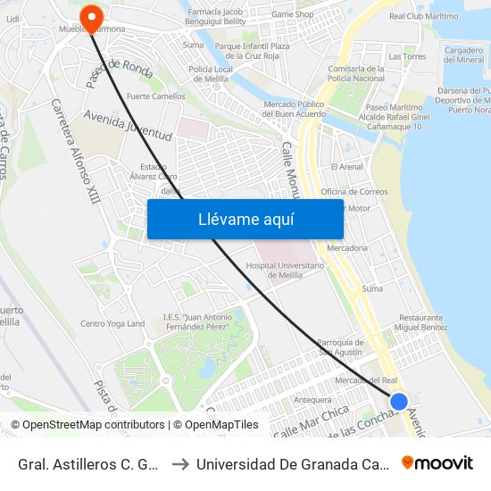 Gral. Astilleros C. Gamez-Moron to Universidad De Granada Campus De Melilla map