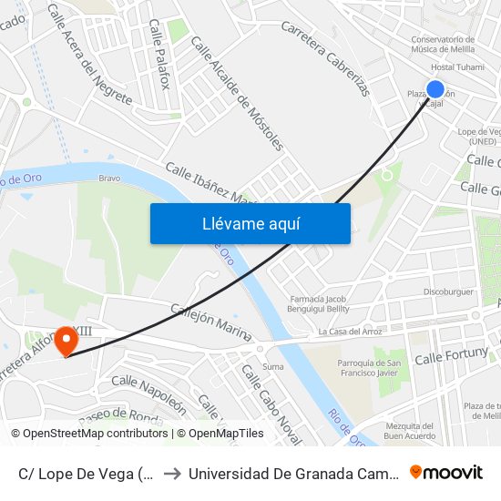 C/ Lope De Vega (Mercado) to Universidad De Granada Campus De Melilla map