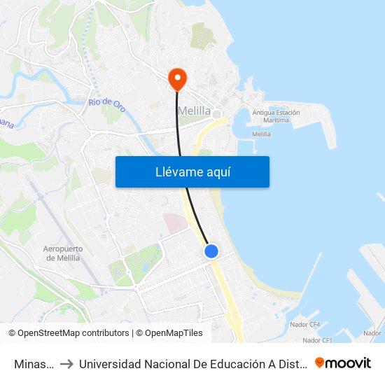 Minas Del Rif to Universidad Nacional De Educación A Distancia (Uned) - Centro De Melilla map