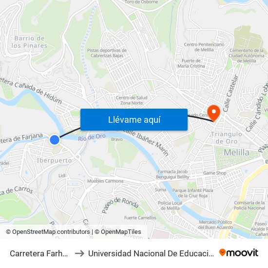Carretera Farhana - Bº Constitución to Universidad Nacional De Educación A Distancia (Uned) - Centro De Melilla map