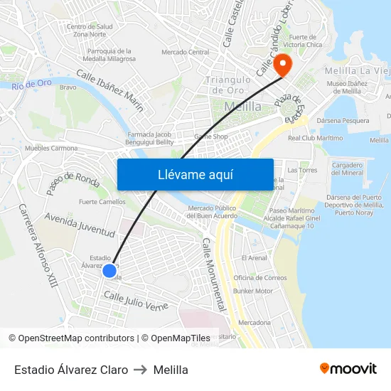 Estadio Álvarez Claro to Melilla map