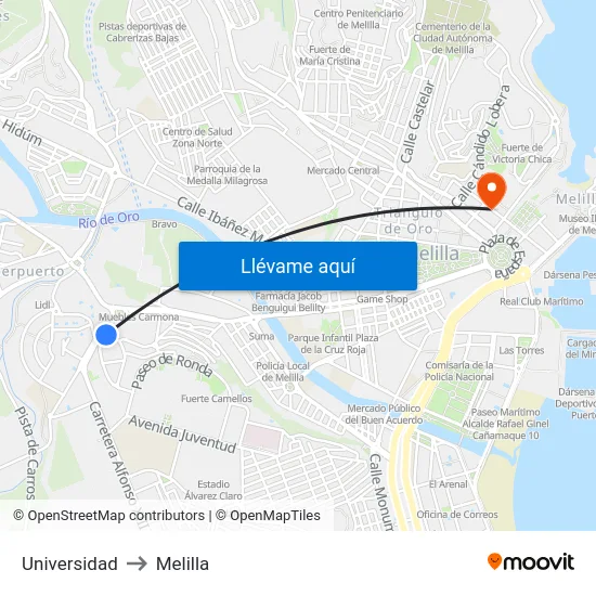 Universidad to Melilla map