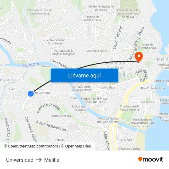 Universidad to Melilla map
