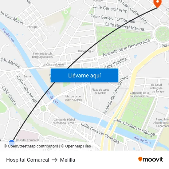 Hospital Comarcal to Melilla map