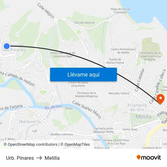 Urb. Pinares to Melilla map