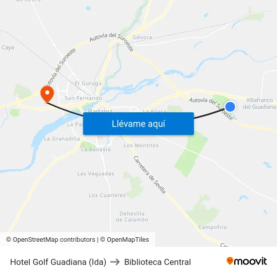 Hotel Golf Guadiana (Ida) to Biblioteca Central map