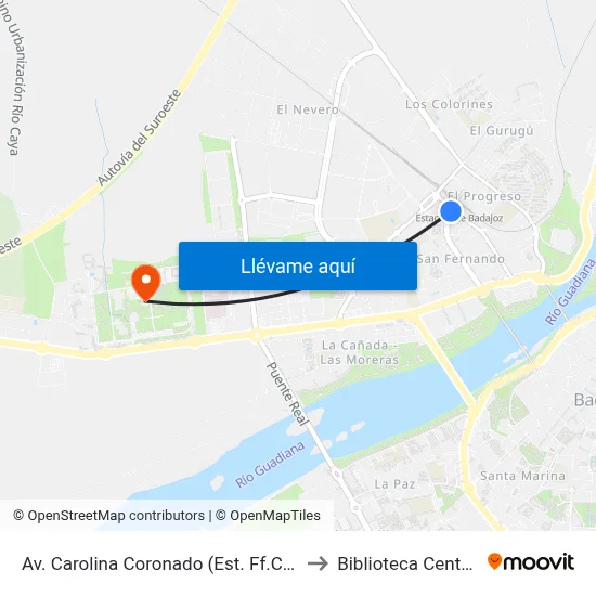 Av. Carolina Coronado (Est. Ff.Cc.) to Biblioteca Central map