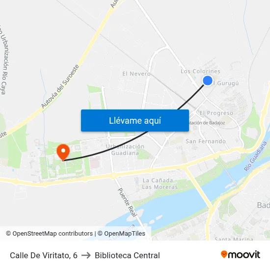 Calle De Viritato, 6 to Biblioteca Central map