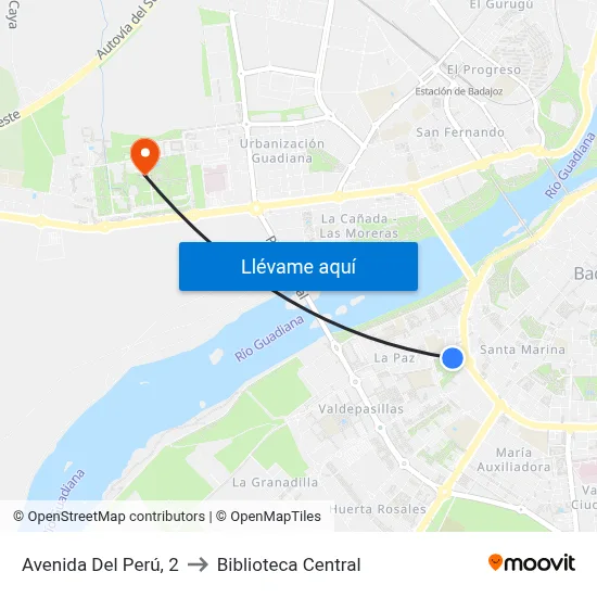Avenida Del Perú, 2 to Biblioteca Central map