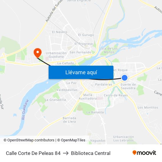 Calle Corte De Peleas 84 to Biblioteca Central map