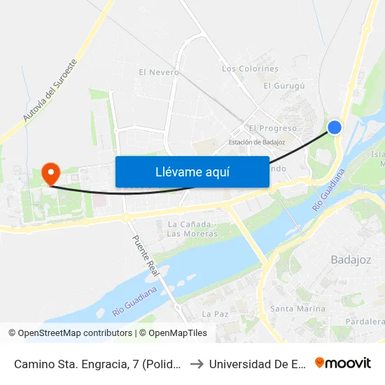 Camino Sta. Engracia, 7 (Polidep. Las Palmeras) to Universidad De Extremadura map