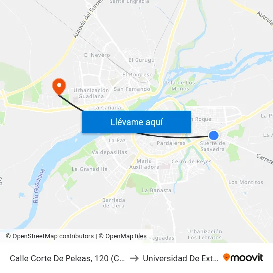 Calle Corte De Peleas, 120 (Concesionario) to Universidad De Extremadura map