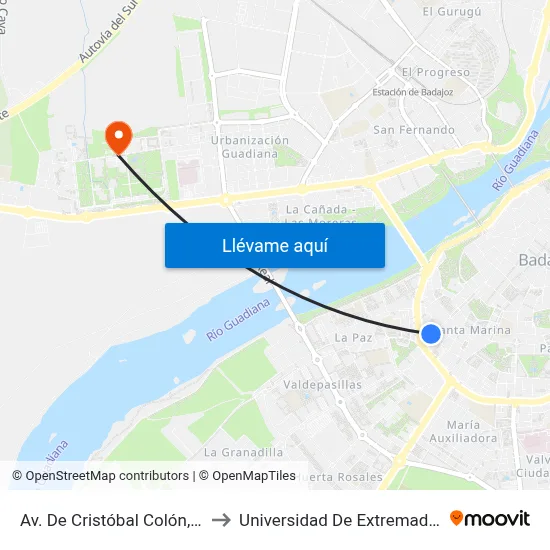 Av. De Cristóbal Colón, 27 to Universidad De Extremadura map