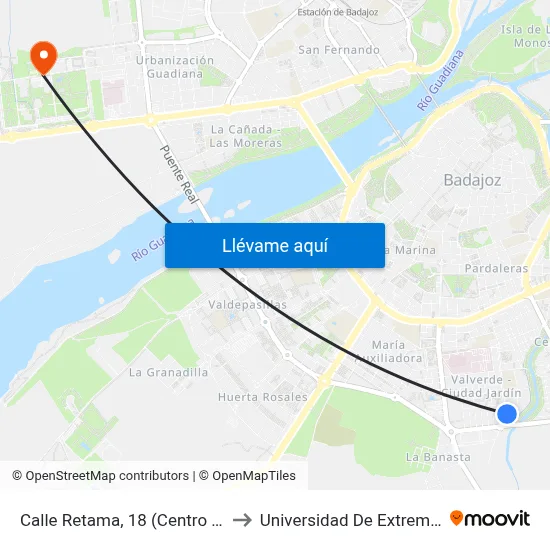 Calle Retama, 18 (Centro Salud) to Universidad De Extremadura map