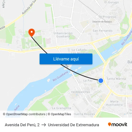Avenida Del Perú, 2 to Universidad De Extremadura map