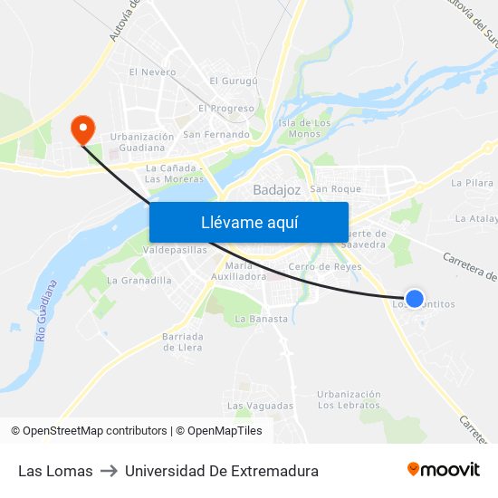 Las Lomas to Universidad De Extremadura map