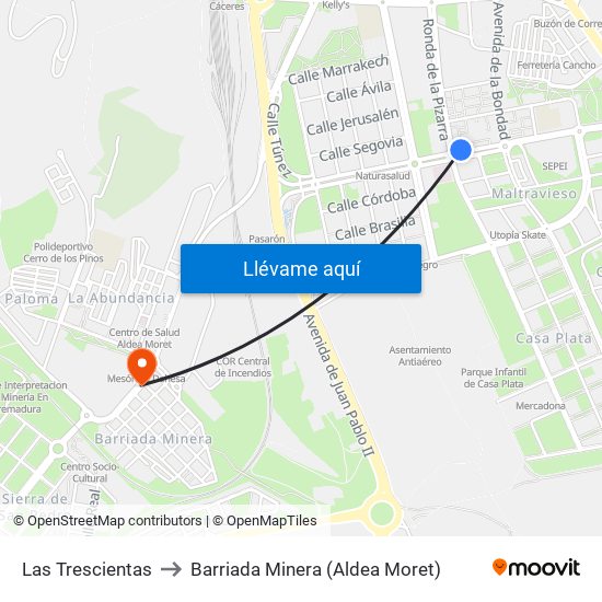 Las Trescientas to Barriada Minera (Aldea Moret) map