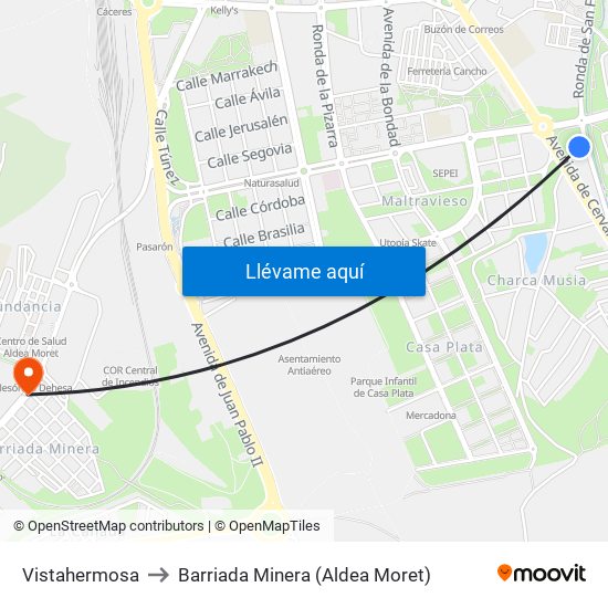 Vistahermosa to Barriada Minera (Aldea Moret) map