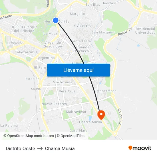 Distrito Oeste to Charca Musia map