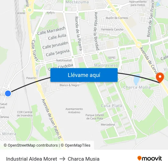 Industrial Aldea Moret to Charca Musia map
