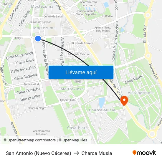 San Antonio (Nuevo Cáceres) to Charca Musia map