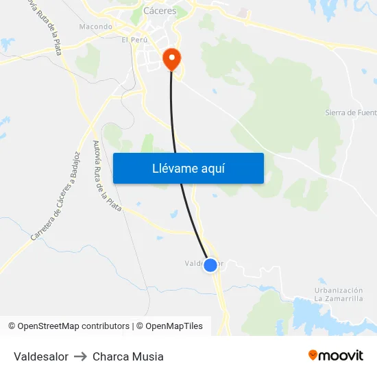 Valdesalor to Charca Musia map