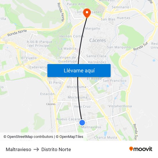 Maltravieso to Distrito Norte map