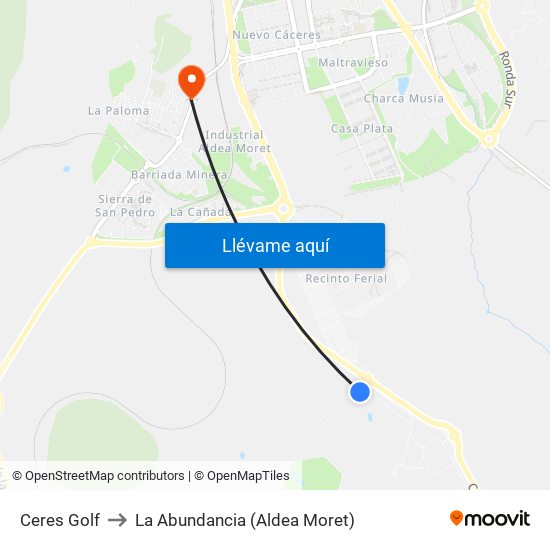 Ceres Golf to La Abundancia (Aldea Moret) map