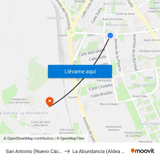 San Antonio (Nuevo Cáceres) to La Abundancia (Aldea Moret) map